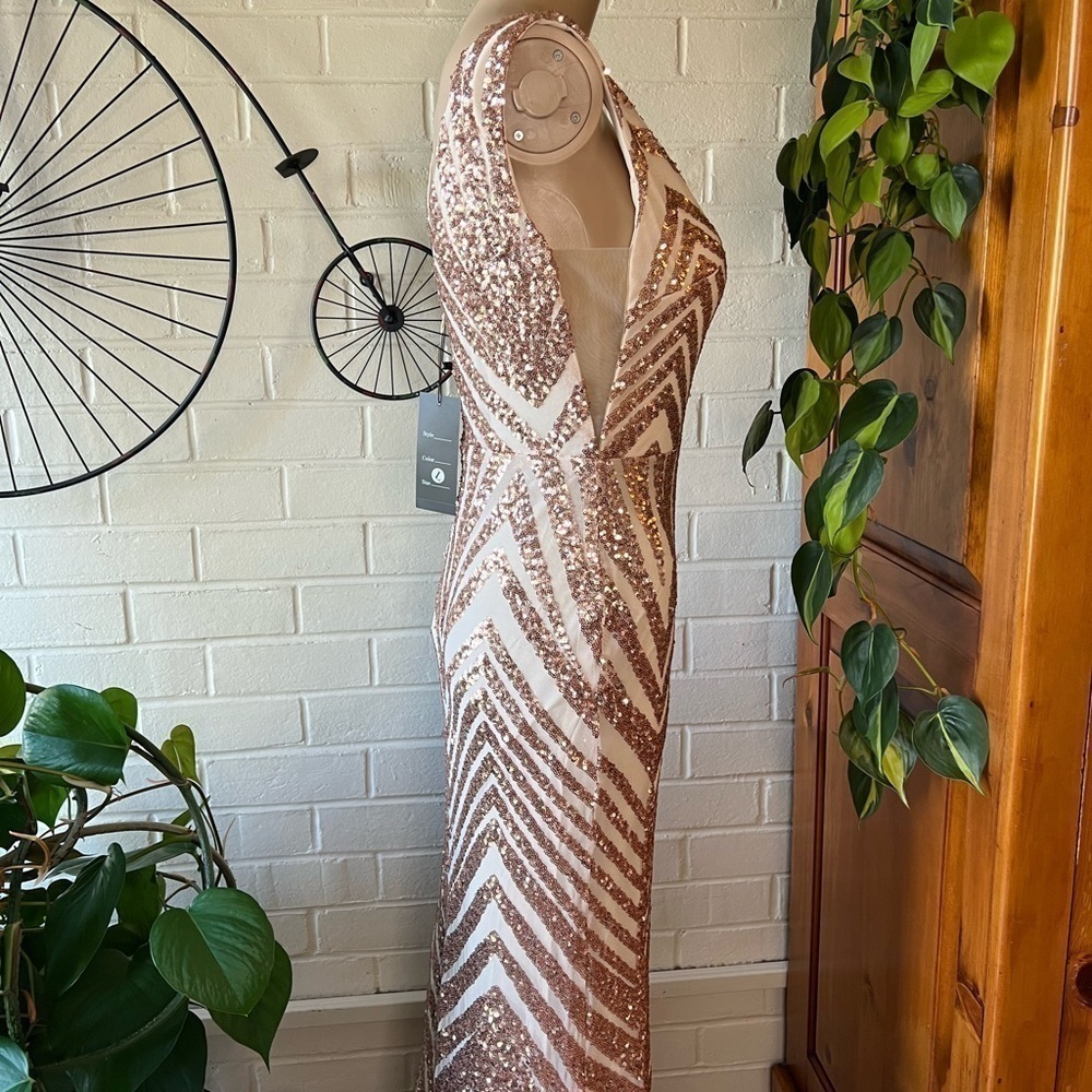 Evening gown prom formal mermaid trumpet gown with gold sequins size L - Picture 2 of 9